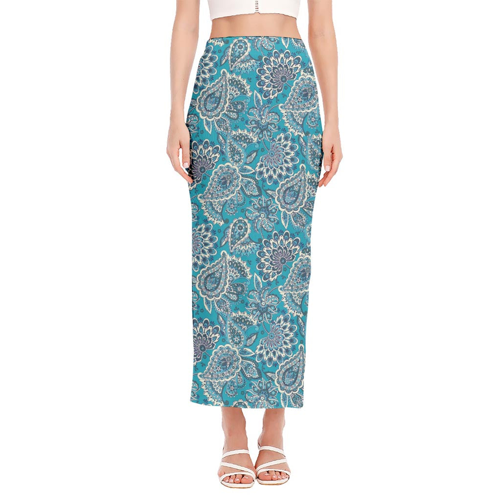 Turquoise Floral Bohemian Pattern Print Side Slit Maxi Skirt