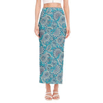 Turquoise Floral Bohemian Pattern Print Side Slit Maxi Skirt