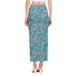 Turquoise Floral Bohemian Pattern Print Side Slit Maxi Skirt