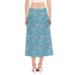 Turquoise Floral Bohemian Pattern Print Side Slit Midi Skirt