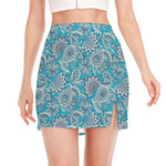 Turquoise Floral Bohemian Pattern Print Side Slit Mini Skirt
