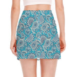 Turquoise Floral Bohemian Pattern Print Side Slit Mini Skirt