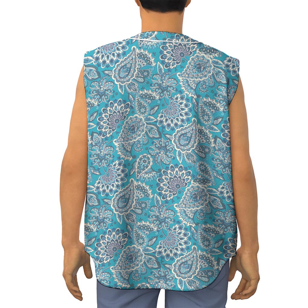 Turquoise Floral Bohemian Pattern Print Sleeveless Baseball Jersey