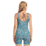 Turquoise Floral Bohemian Pattern Print Sleeveless One Piece Swimsuit