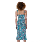 Turquoise Floral Bohemian Pattern Print Slim Fit Midi Cami Dress