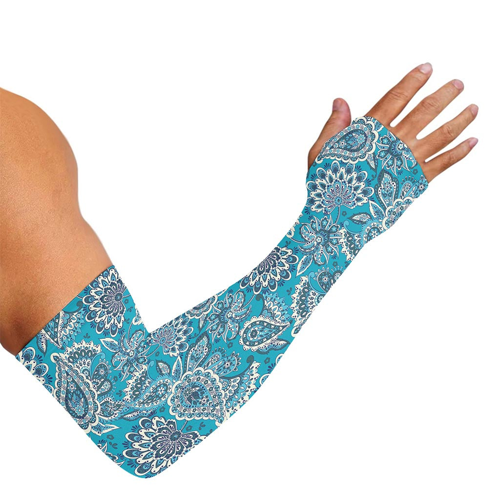 Turquoise Floral Bohemian Pattern Print Sun Protection Arm Sleeves