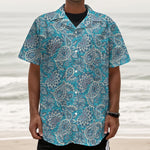 Turquoise Floral Bohemian Pattern Print Textured Short Sleeve Shirt
