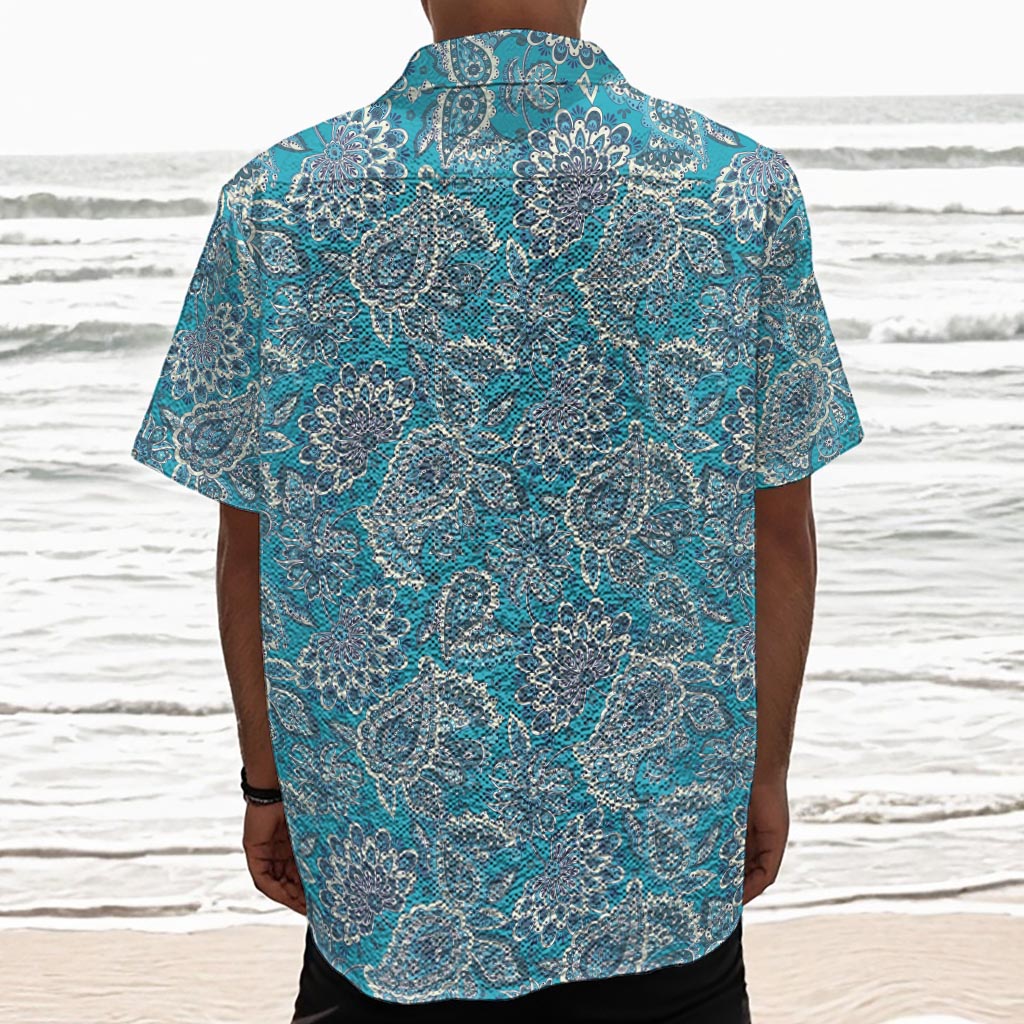Turquoise Floral Bohemian Pattern Print Textured Short Sleeve Shirt