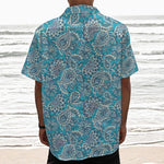 Turquoise Floral Bohemian Pattern Print Textured Short Sleeve Shirt