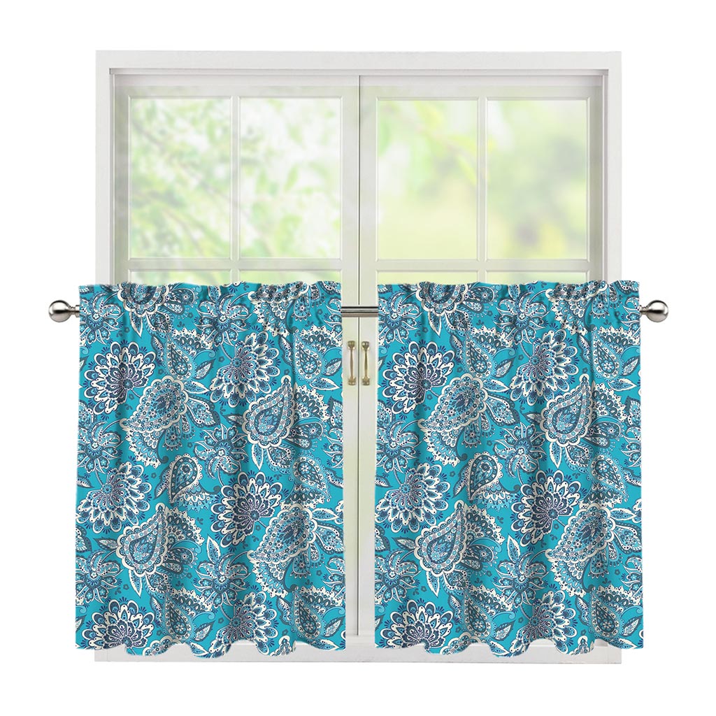 Turquoise Floral Bohemian Pattern Print Tier Curtains
