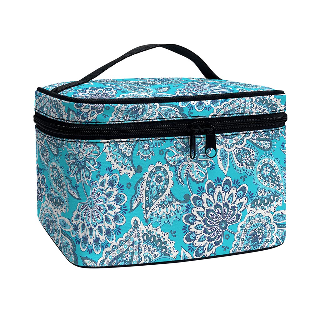 Turquoise Floral Bohemian Pattern Print Travel Makeup Bag