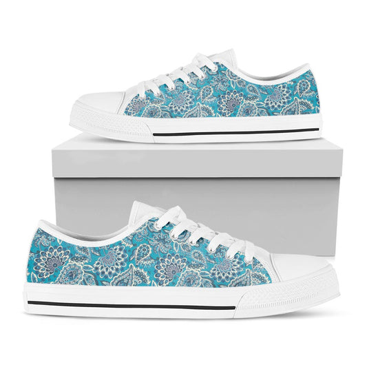 Turquoise Floral Bohemian Pattern Print White Low Top Sneakers