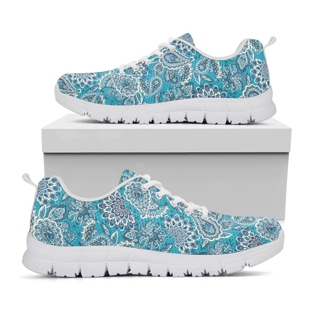 Turquoise Floral Bohemian Pattern Print White Running Shoes