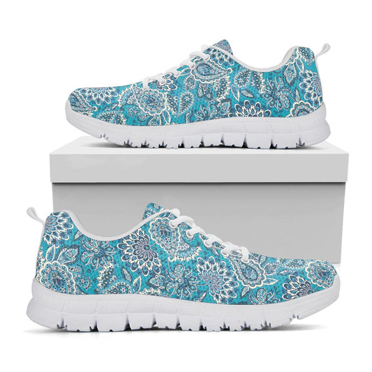 Turquoise Floral Bohemian Pattern Print White Running Shoes