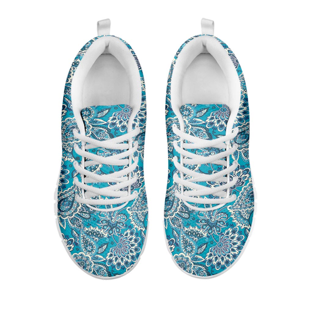 Turquoise Floral Bohemian Pattern Print White Running Shoes