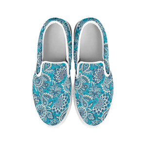 Turquoise Floral Bohemian Pattern Print White Slip On Sneakers