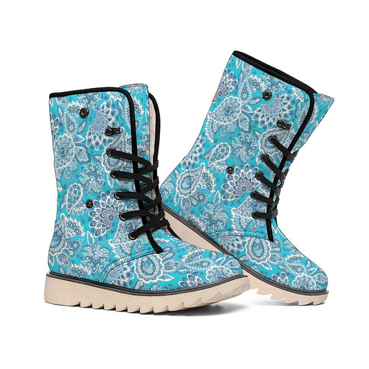 Turquoise Floral Bohemian Pattern Print Winter Boots