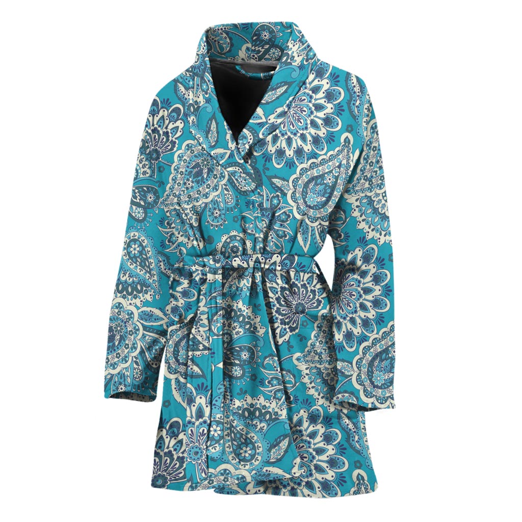 Turquoise Floral Bohemian Pattern Print Women's Bathrobe