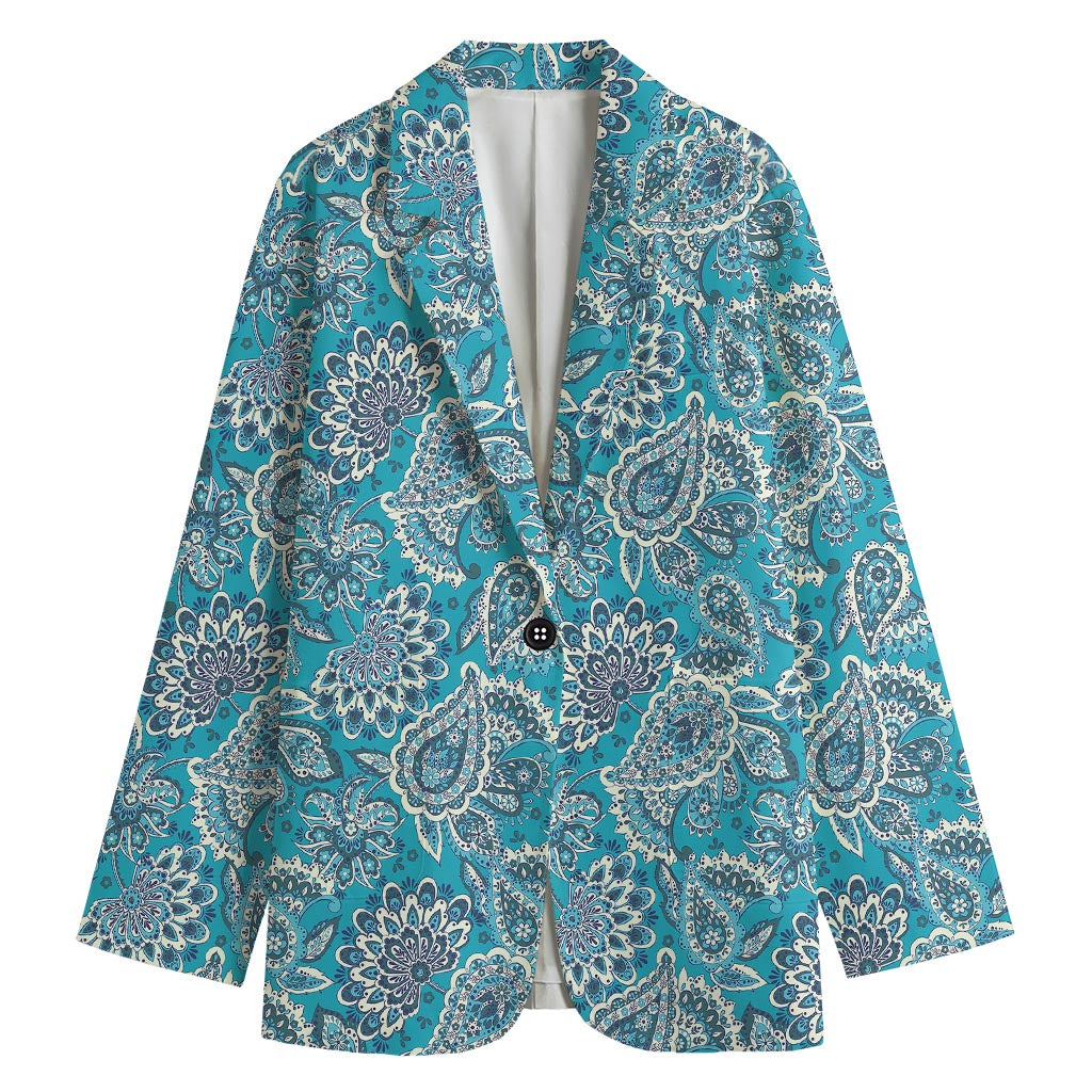 Turquoise Floral Bohemian Pattern Print Women's Blazer