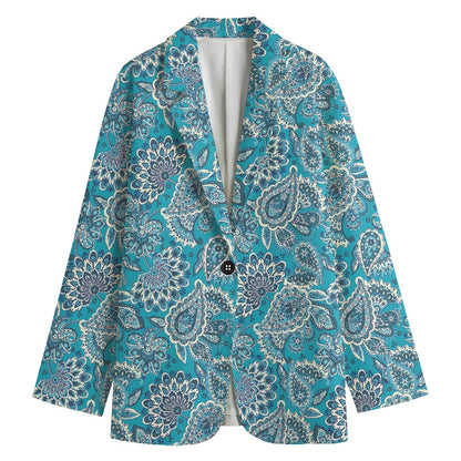 Turquoise Floral Bohemian Pattern Print Women's Blazer