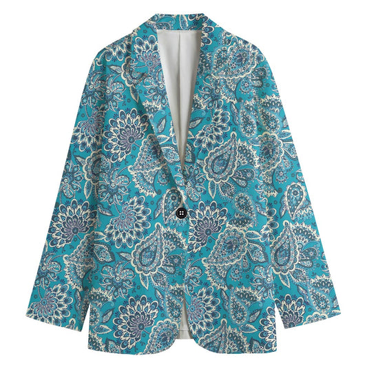 Turquoise Floral Bohemian Pattern Print Women's Blazer