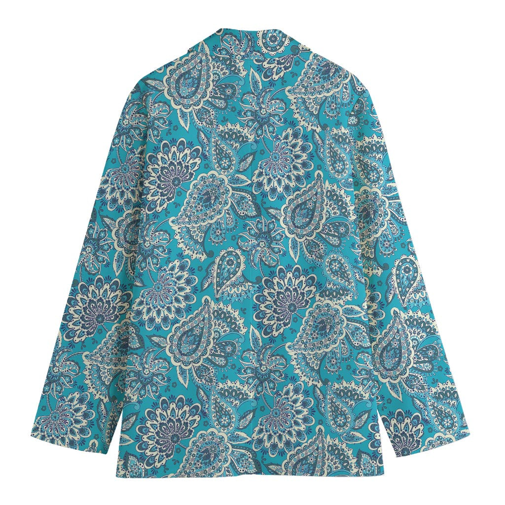 Turquoise Floral Bohemian Pattern Print Women's Blazer