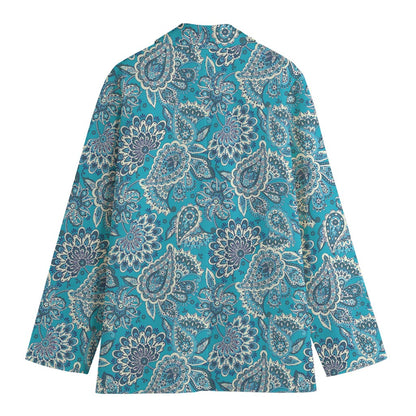 Turquoise Floral Bohemian Pattern Print Women's Blazer