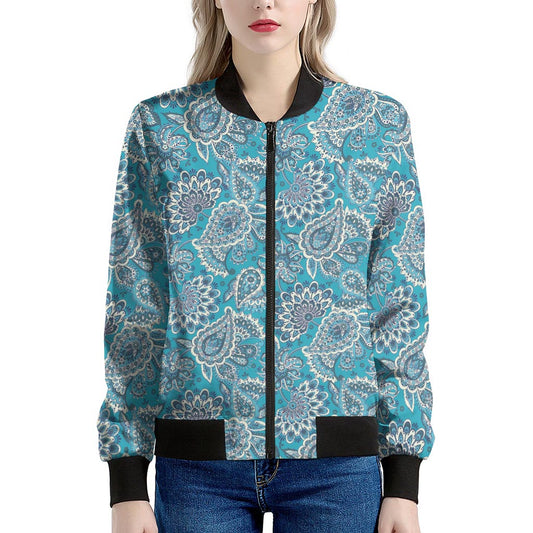 Turquoise Floral Bohemian Pattern Print Women's Bomber Jacket
