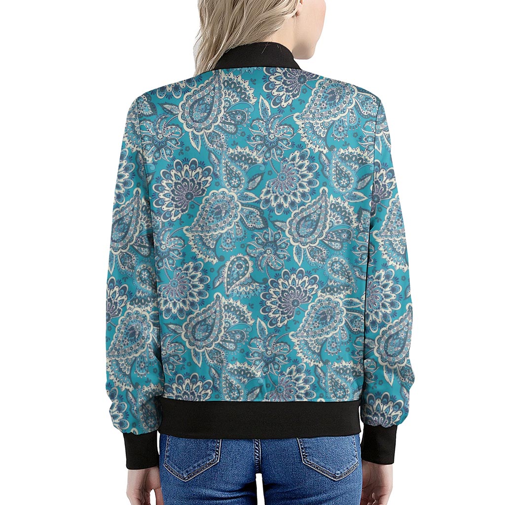 Turquoise Floral Bohemian Pattern Print Women's Bomber Jacket