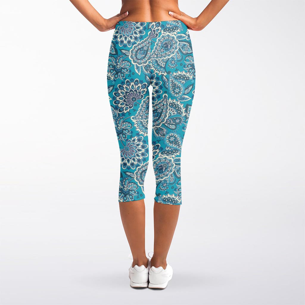 Turquoise Floral Bohemian Pattern Print Women's Capri Leggings