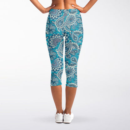 Turquoise Floral Bohemian Pattern Print Women's Capri Leggings
