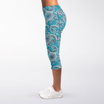 Turquoise Floral Bohemian Pattern Print Women's Capri Leggings