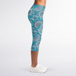 Turquoise Floral Bohemian Pattern Print Women's Capri Leggings