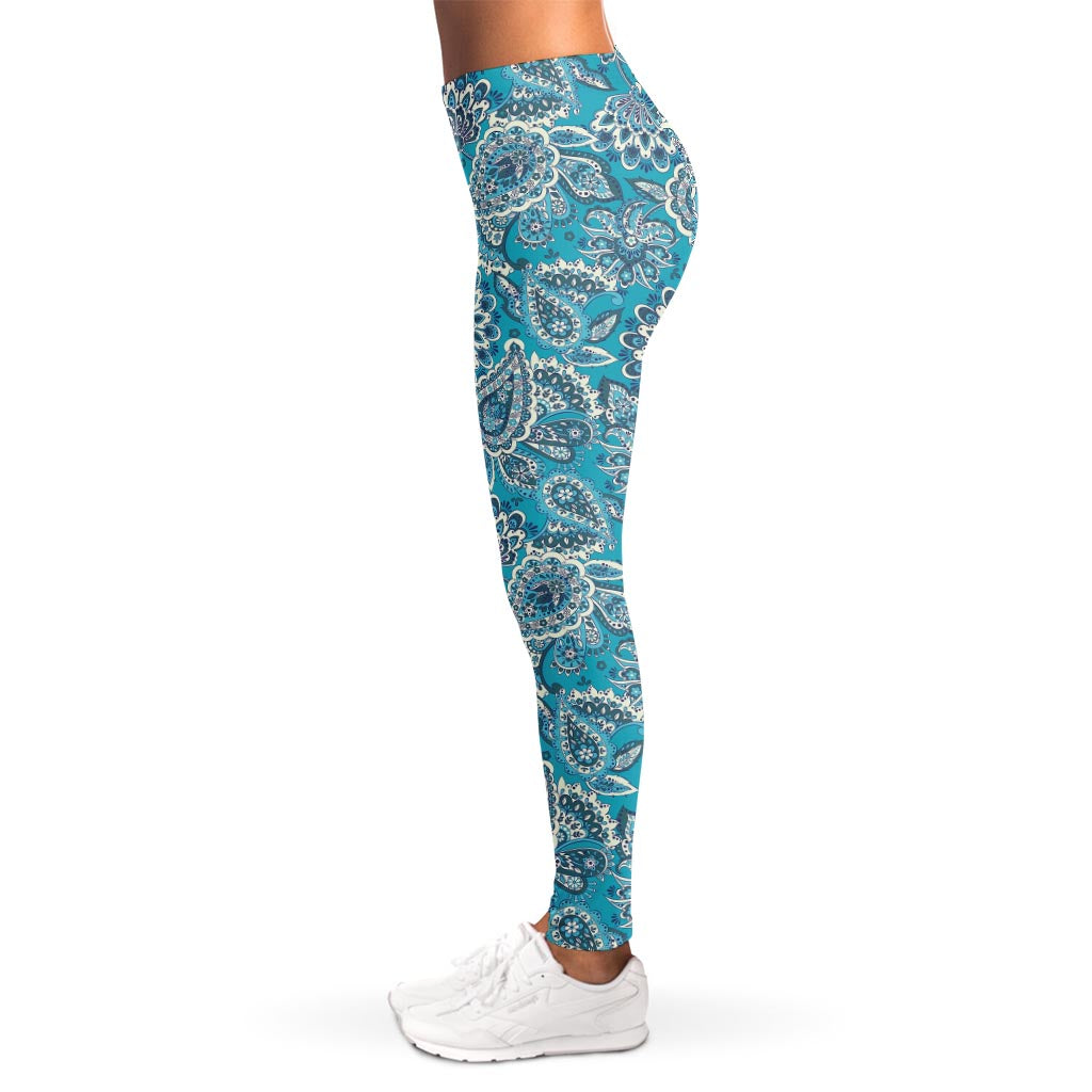 Turquoise Floral Bohemian Pattern Print Women's Leggings