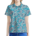 Turquoise Floral Bohemian Pattern Print Women's Polo Shirt