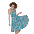 Turquoise Floral Bohemian Pattern Print Sleeveless Knee Length Dress