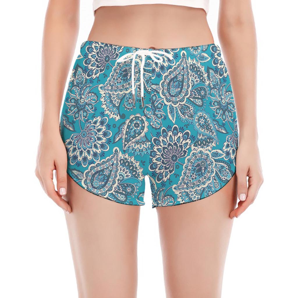 Turquoise Floral Bohemian Pattern Print Women's Split Running Shorts