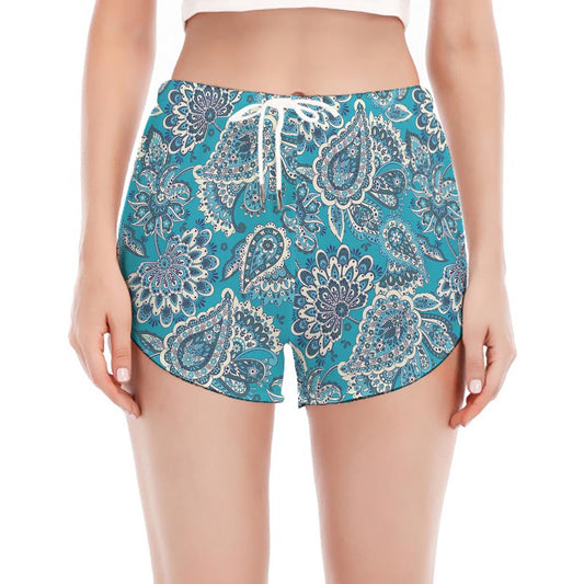 Turquoise Floral Bohemian Pattern Print Women's Split Running Shorts