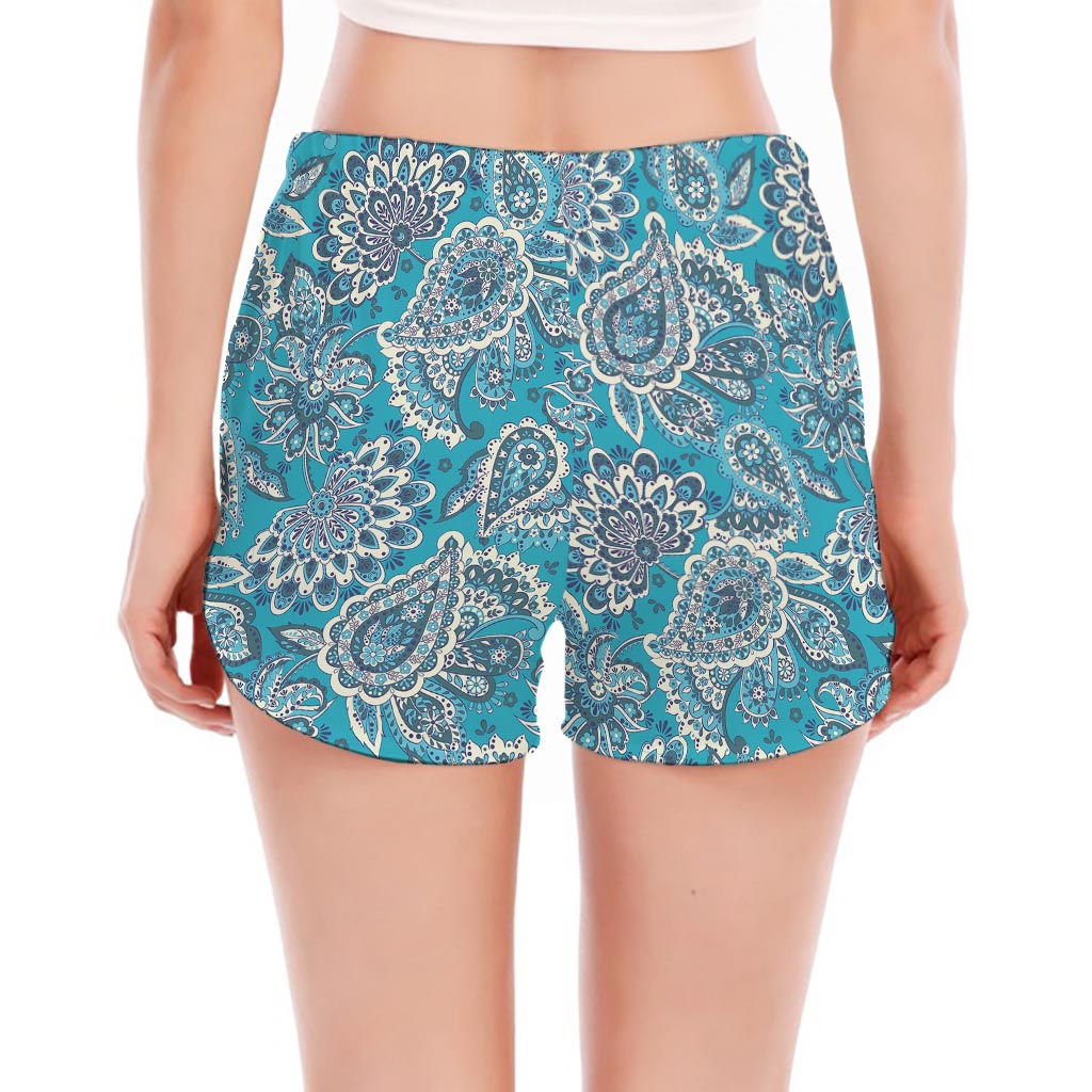 Turquoise Floral Bohemian Pattern Print Women's Split Running Shorts