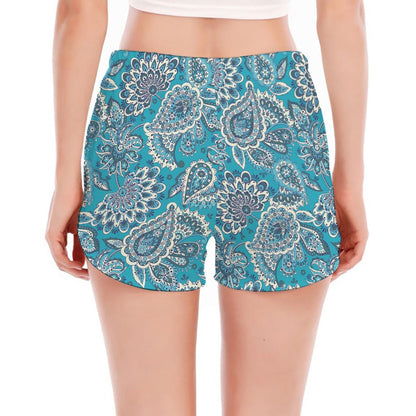 Turquoise Floral Bohemian Pattern Print Women's Split Running Shorts