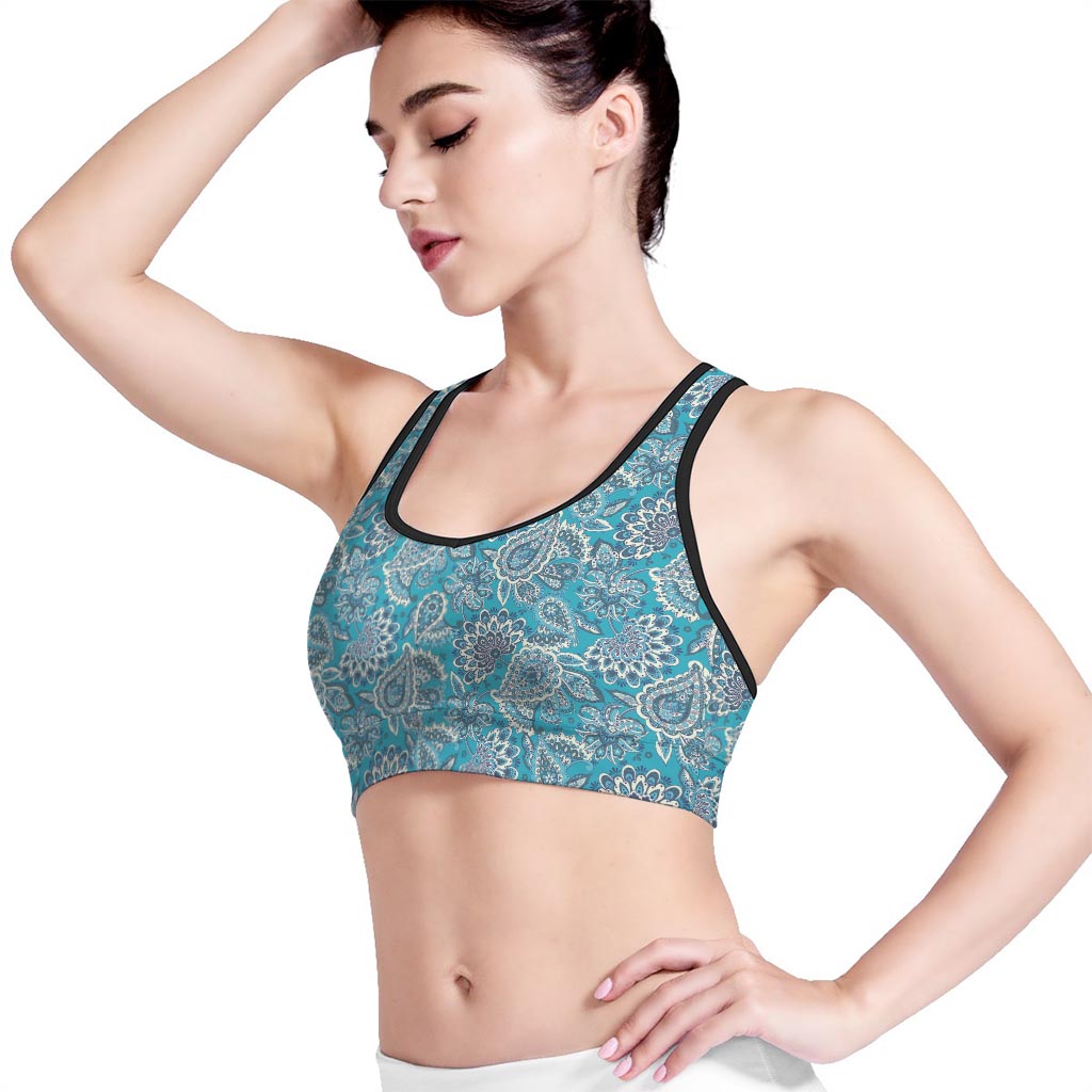 Turquoise Floral Bohemian Pattern Print Women's Sports Bra