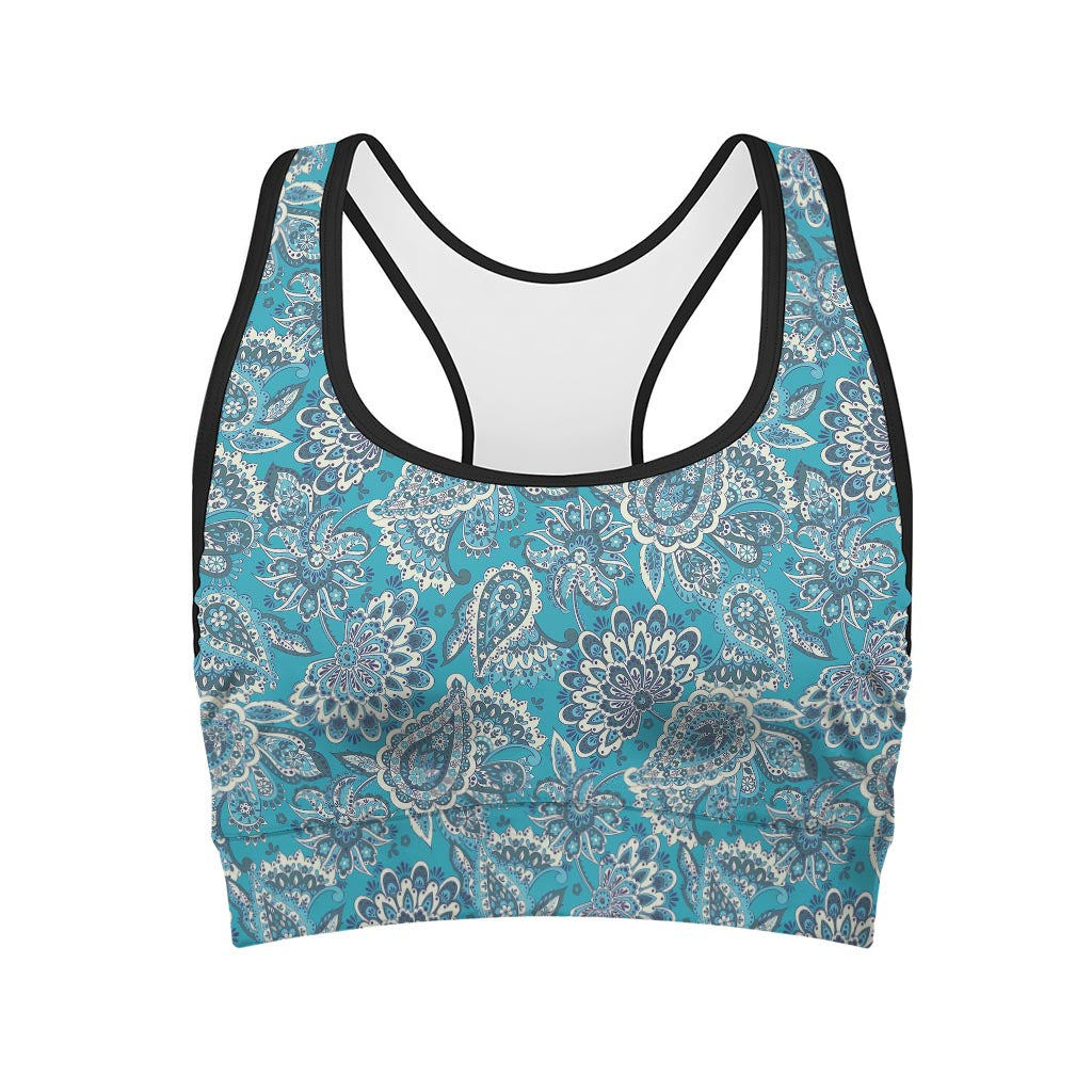 Turquoise Floral Bohemian Pattern Print Women's Sports Bra