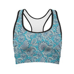 Turquoise Floral Bohemian Pattern Print Women's Sports Bra
