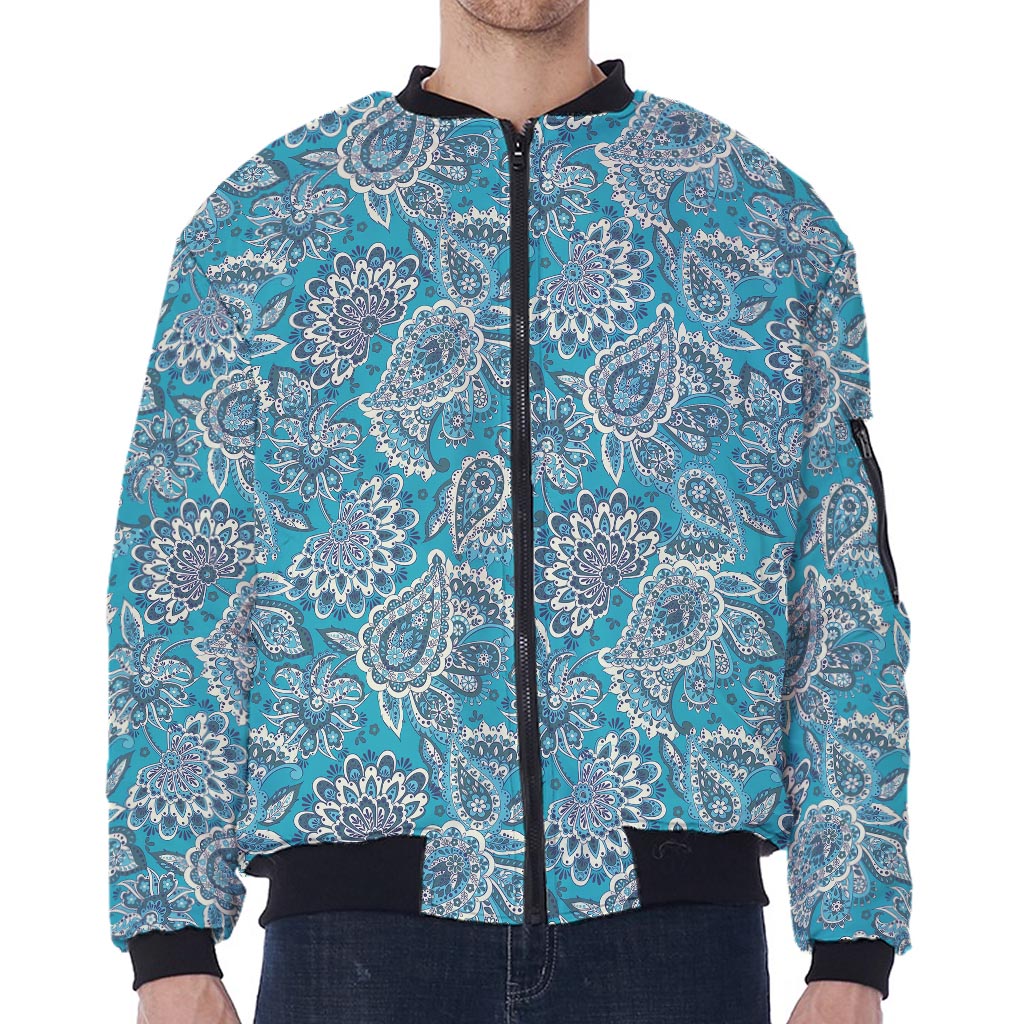 Turquoise Floral Bohemian Pattern Print Zip Sleeve Bomber Jacket