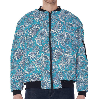 Turquoise Floral Bohemian Pattern Print Zip Sleeve Bomber Jacket