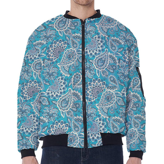 Turquoise Floral Bohemian Pattern Print Zip Sleeve Bomber Jacket
