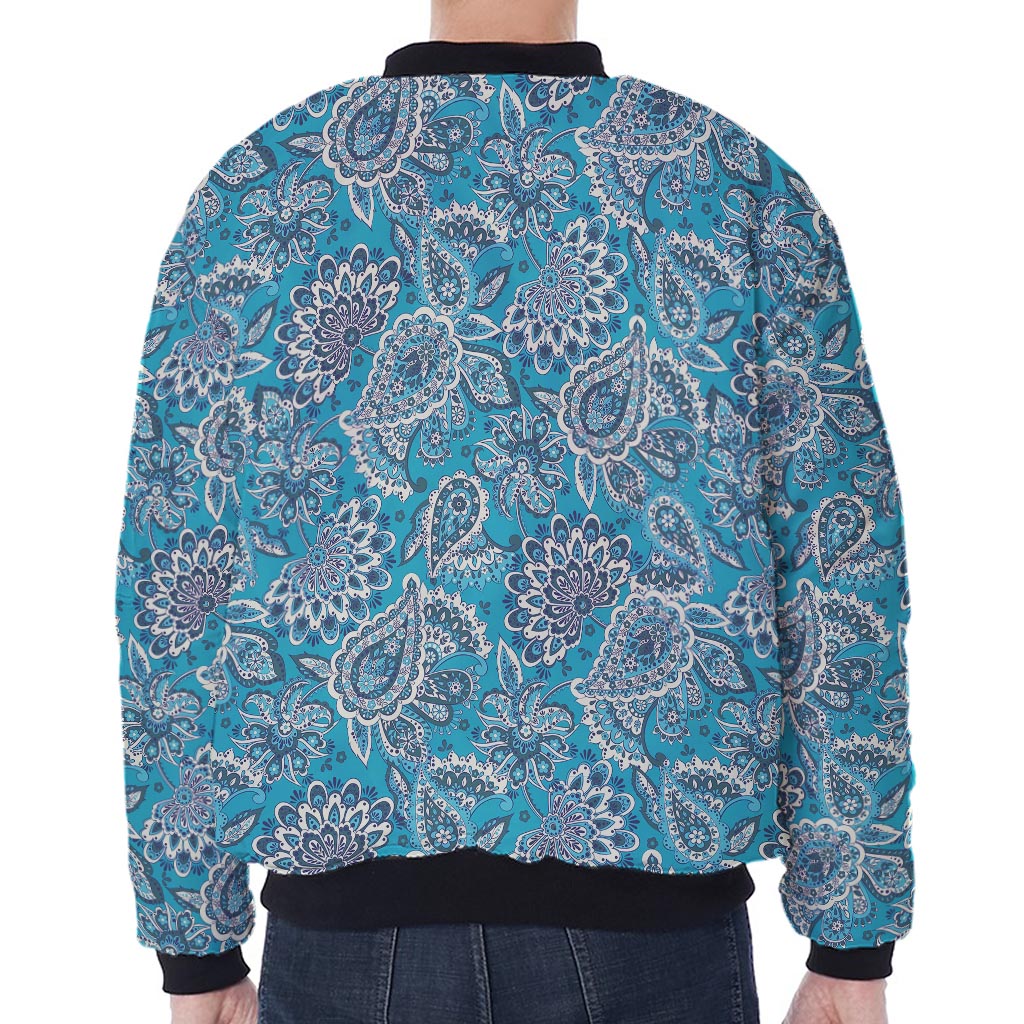Turquoise Floral Bohemian Pattern Print Zip Sleeve Bomber Jacket
