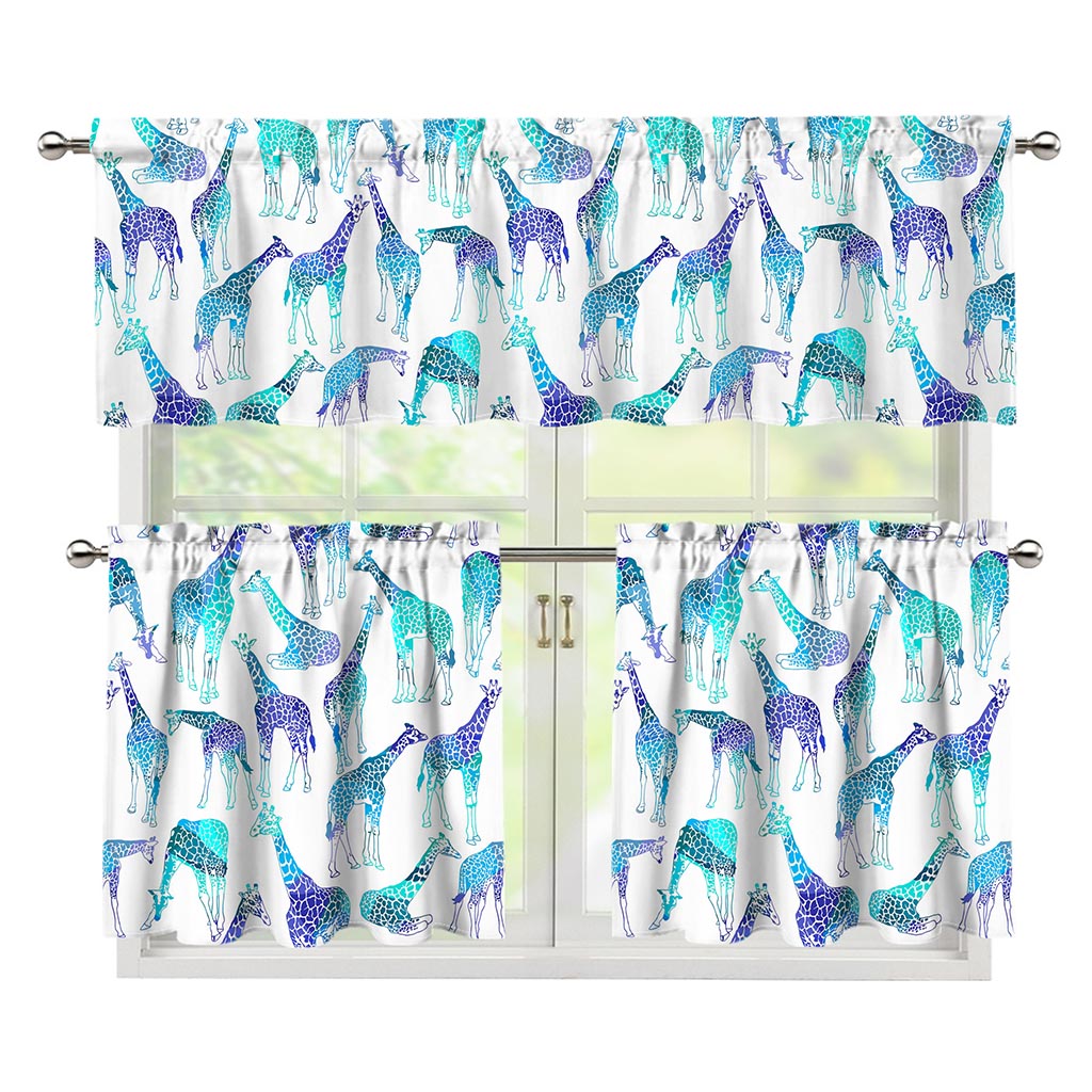 Turquoise Giraffe Pattern Print 3 Piece Kitchen Curtains