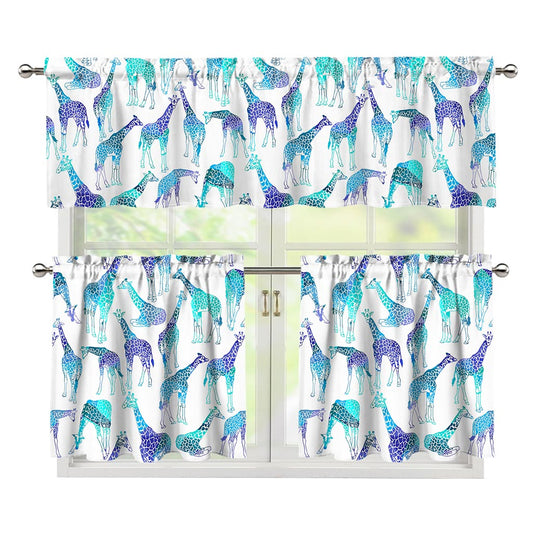 Turquoise Giraffe Pattern Print 3 Piece Kitchen Curtains