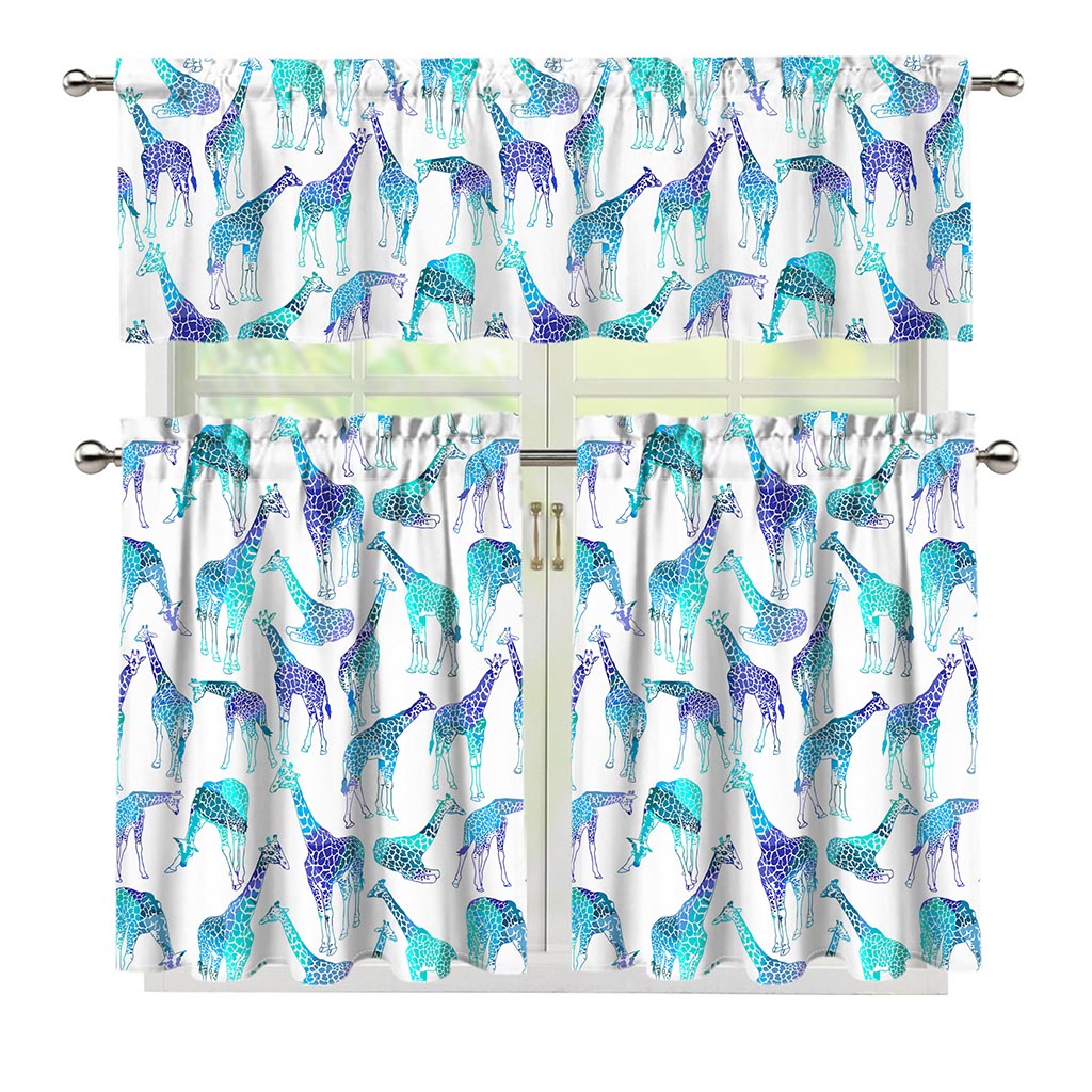 Turquoise Giraffe Pattern Print 3 Piece Kitchen Curtains
